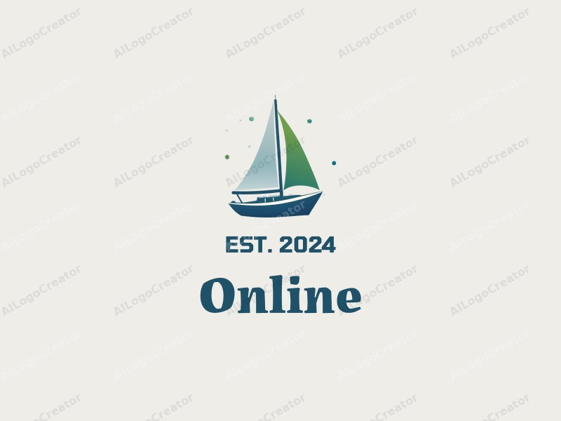 a modern minimalist design featuring a stylized sailboat gliding over a calm water surface, integrated with abstract network connection lines, using a blue and green color palette, combined with a clean background.