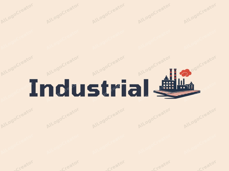 modern design features a stylized factory silhouette, interlocking gears, and a conveyor belt, combined with a clean background.