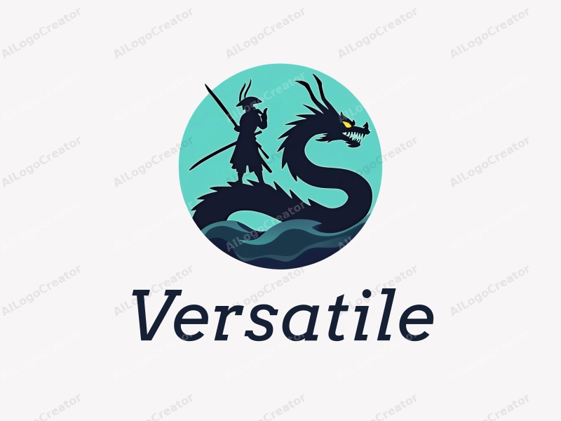 a modern design featuring a stylized samurai and dragon, emphasizing multifunctionality and adaptability, combined with a clean background in blue and green tones.