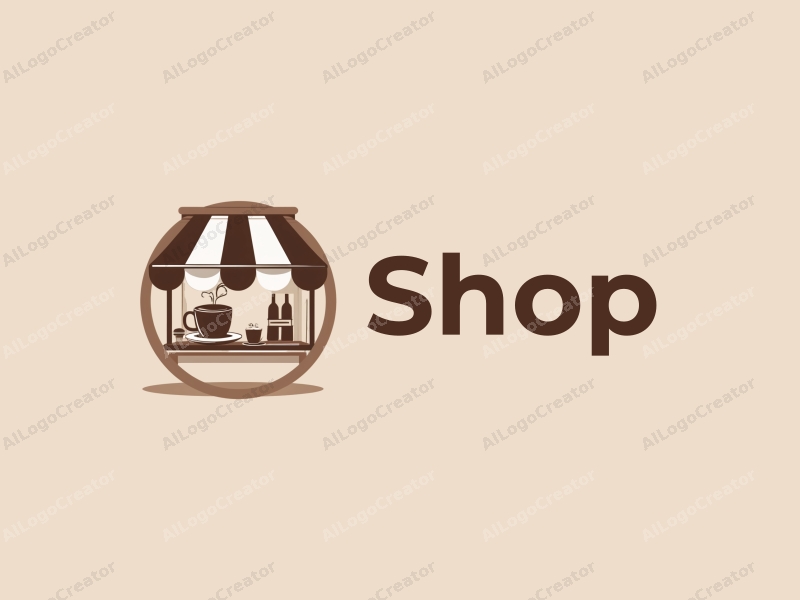 modern design features a stylized shop silhouette, elements of coffee and candy integrated harmoniously, using a clean background and a minimalist approach.