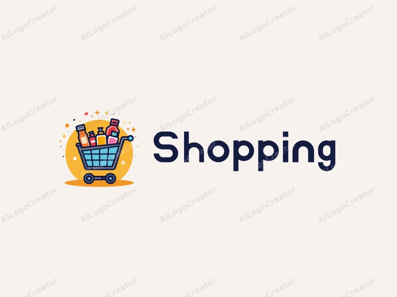 a modern design featuring a colorful shopping cart filled with various products, set against a stylized mall background, emphasizing simplicity and harmony in composition.