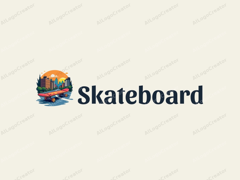 playful design features a vibrant skateboard, urban scenery with buildings and streets, combined with a clean background.