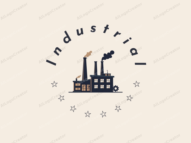 modern design features a stylized factory silhouette with gears and chimneys, utilizing a clean and simple composition with a focus on industrial elements.