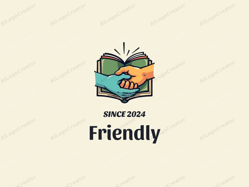 playful design features a stylized book and a handshake, combined with a clean background, emphasizing friendship and community in an educational and social context.