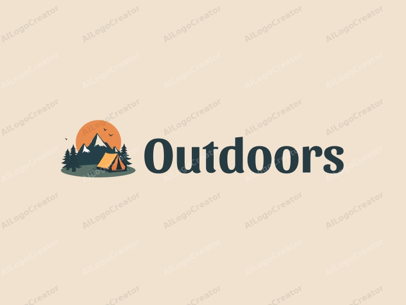 modern design features a stylized camping tent and mountain peak, combined with a clean background and a harmonious composition.