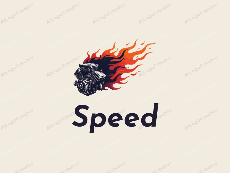 a modern design featuring dynamic elements of speed and power, incorporating stylized flames and an engine silhouette, combined with a clean background.