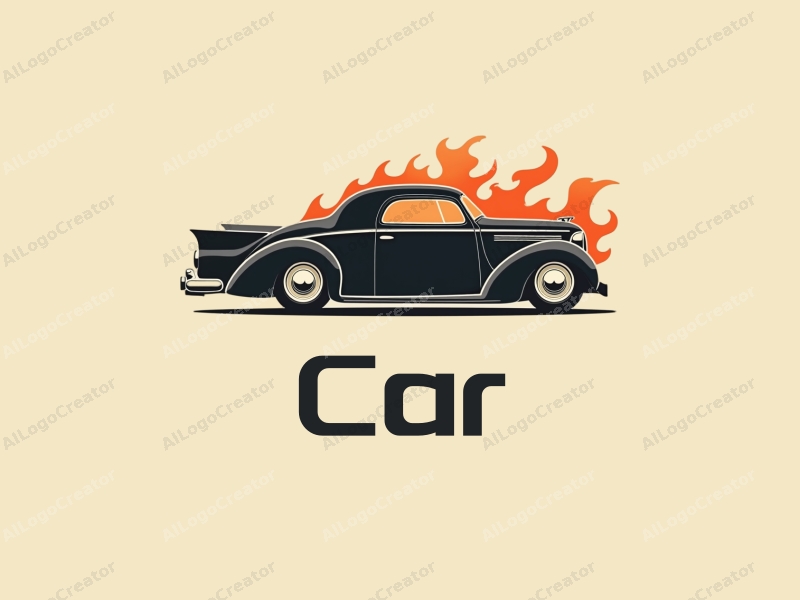 minimalist design features a vintage car silhouette with stylized exhaust flames, combined with a clean background and a modern design approach.