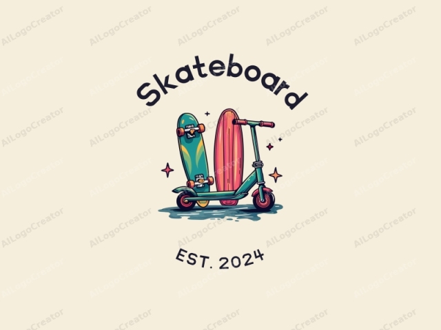 spielerische Design-Elemente mit lebendigen Skateboards, Scootern und Surfbrettern, kombiniert mit einer dynamischen Komposition und einem sauberen Hintergrund.