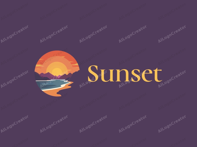 vintage design features a stylized sunset over a serene coastline with mountains in the background, using a harmonious blend of orange and purple colors, combined with a clean and simple layout.