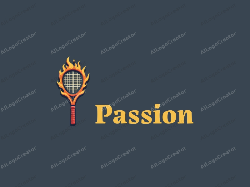 playful design features a stylized tennis racket intertwined with flames, embodying passion and enthusiasm, combined with a clean background.