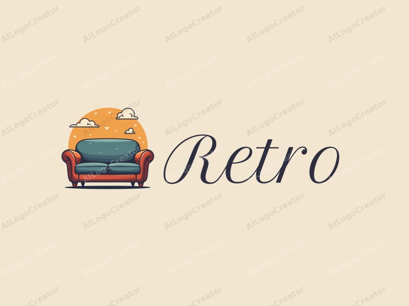 vintage design features a retro sofa and a retro poster, combined with triangular shapes and a creative approach, set against a clean background.