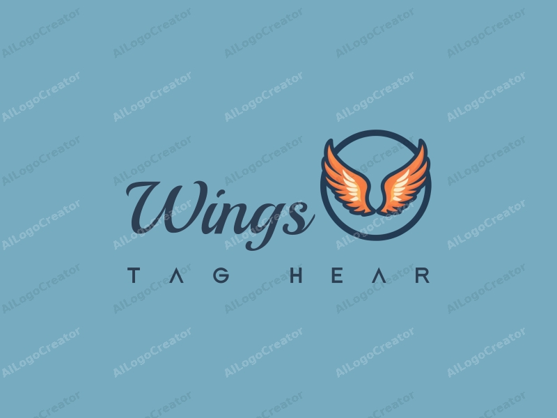 playful design features stylized wings and feathers in flight, surrounded by a circular ring, combined with a clean blue background.