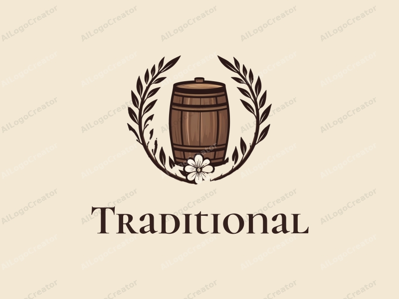 vintage design features a stylized barrel surrounded by floral wreaths, incorporating elements of a bar, with a clean background in brown and beige tones.