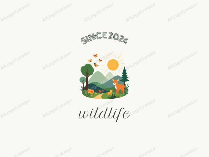 playful design features stylized wildlife, vibrant natural landscapes, trees, and butterflies, combined with a clean background.