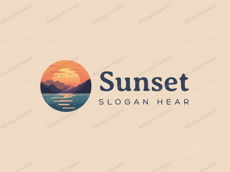 vintage design features a stylized sunset over mountains and ocean, with a harmonious blend of orange and purple colors, creating a serene and artistic atmosphere.