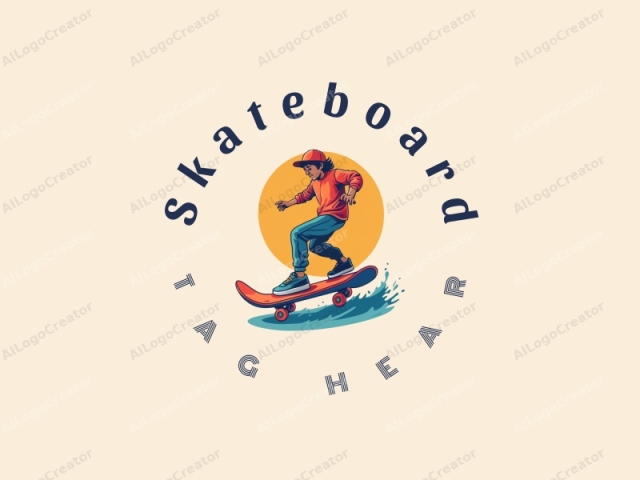 verspieltes Design mit einem leuchtenden Skateboard, einem dynamischen Skater in Aktion und einem Surfbrett, kombiniert mit einem sauberen Hintergrund.