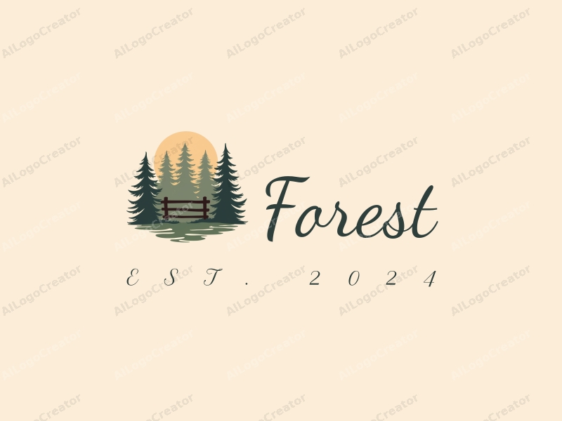 vintage design features a stylized forest scene with pine trees and a rustic fence, combined with a clean background.