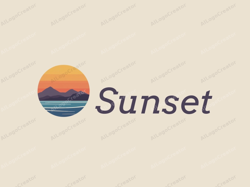 vintage design features a stylized sunset over mountains and ocean, with a harmonious blend of orange and purple colors, creating a clean and simple composition.