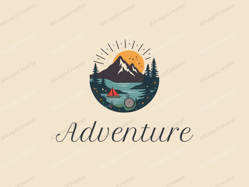 playful design features stylized mountains, a whimsical compass, and adventure elements combined with a clean background.