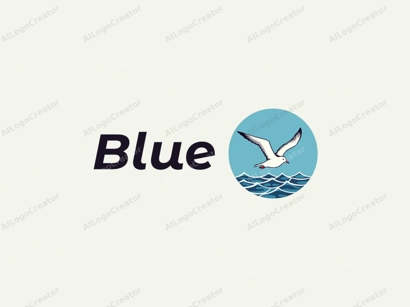 minimalist design features a stylized seagull soaring above gentle waves, with a clean blue background representing the ocean and sky, creating a harmonious and simple composition.