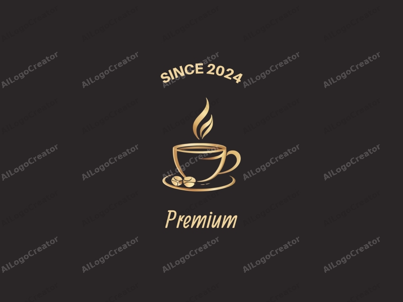 a modern design featuring a stylized coffee cup and coffee beans, incorporating a luxurious feel with gold and black color scheme, emphasizing high quality and elegance in a clean background.