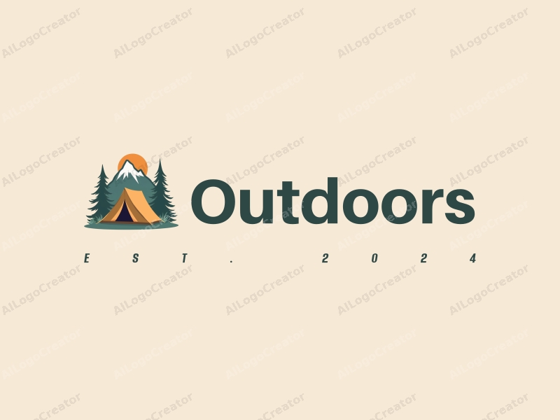 modern design features a stylized camping tent and mountain peak, combined with a clean background and a harmonious composition.