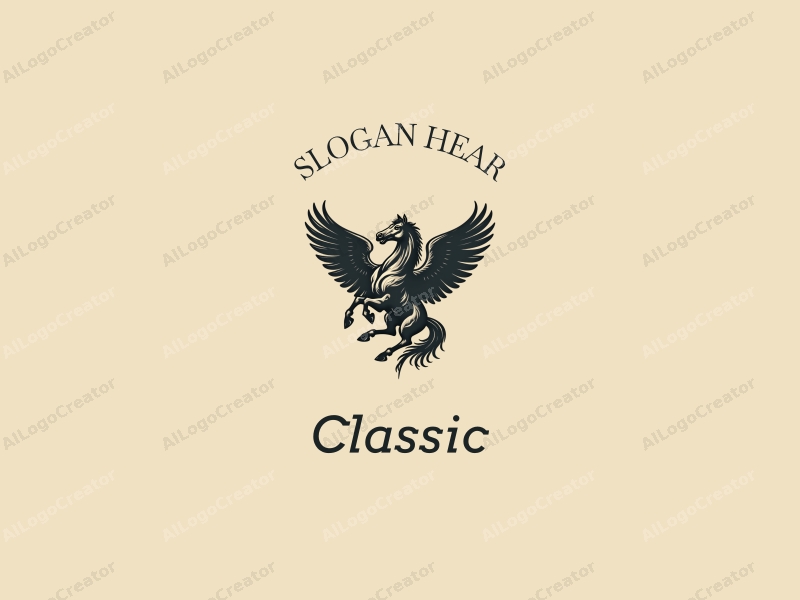 vintage design features a stylized horse and eagle intertwined, with classic and traditional elements, set against a clean, dark and neutral background.