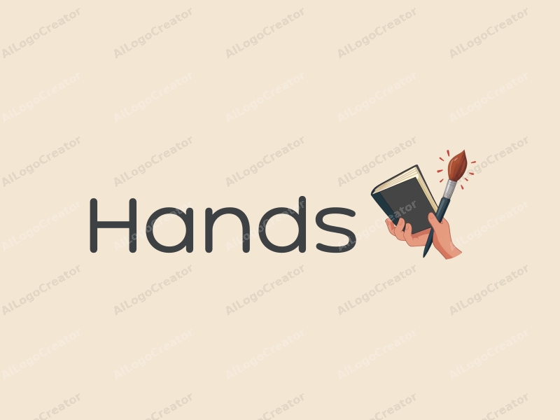 a modern design featuring a hand holding a book and a paintbrush, with a clean background and a focus on simplicity and harmony.