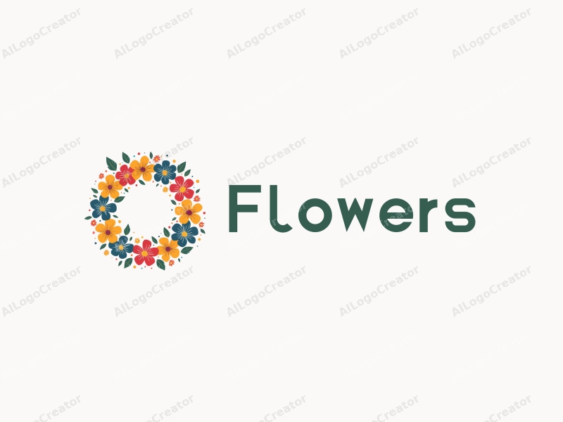 playful design features vibrant flowers and petals arranged in a circular wreath, complemented by playful leaves, all set against a clean background.