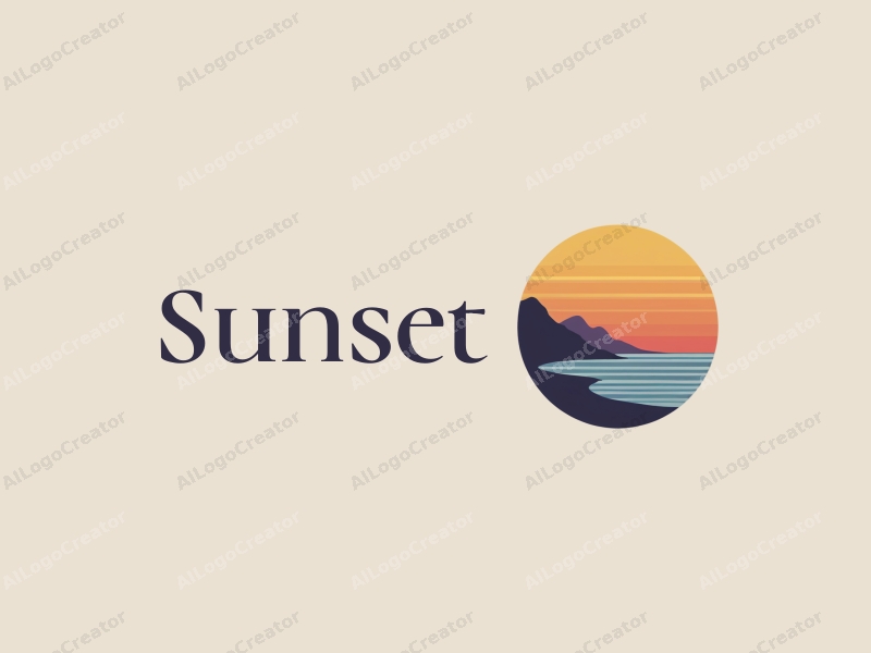 vintage design features a stylized sunset over the ocean with mountains in the background, incorporating warm orange and purple hues, combined with a clean and harmonious layout.