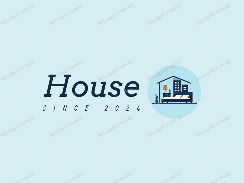 modern design features a stylized house and building silhouette, combined with a minimalist bed and furniture elements, using a clean blue background.