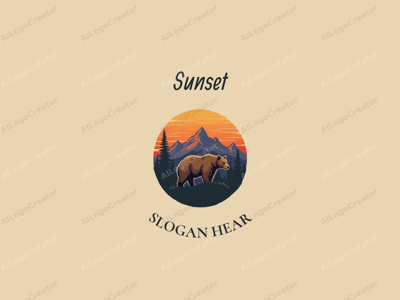 vintage design features a stylized brown bear in front of majestic mountains during a sunset, with a harmonious blend of orange and purple hues in the sky, creating a serene and artistic atmosphere.