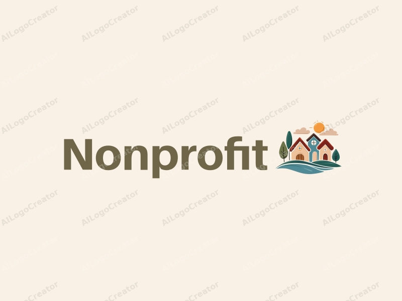 a modern design featuring stylized houses and community elements, combined with symbols of charity and volunteers, using a clean background and harmonious composition.