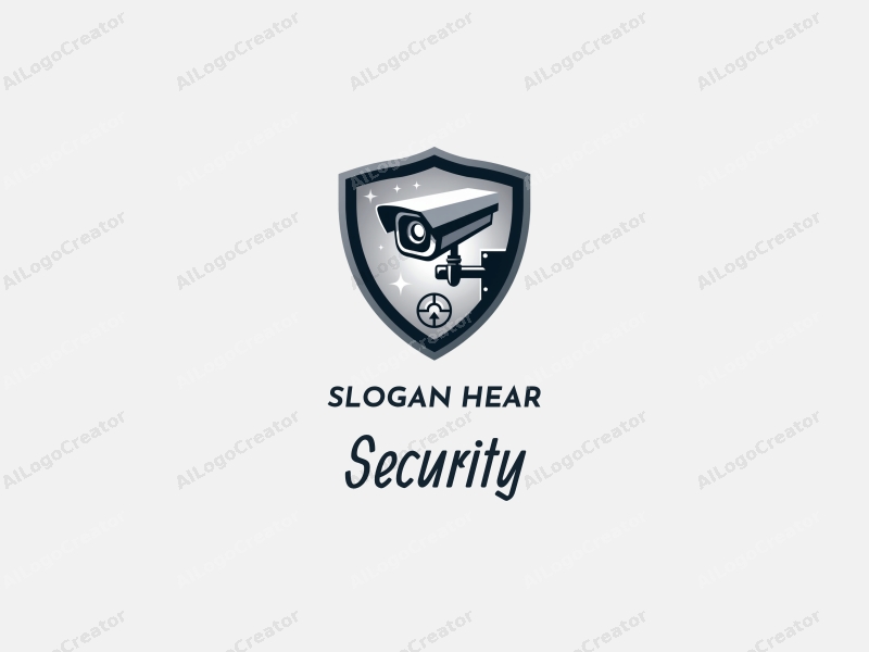 modern design features a stylized shield, a sleek surveillance camera, an alarm, and a detector, combined with a clean background.