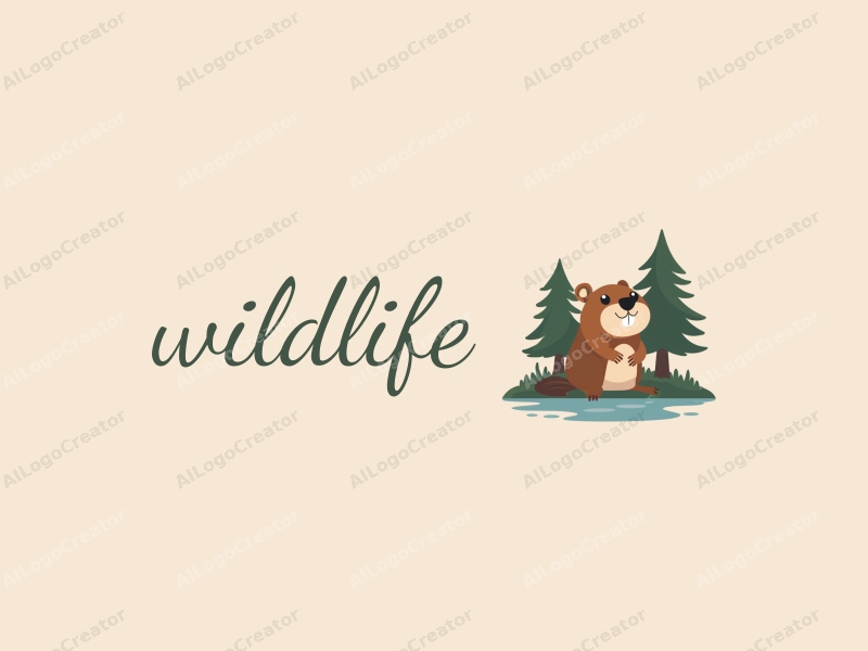 playful design features a stylized beaver and trees, incorporating elements of wildlife and natural landscapes, combined with a clean background in natural color tones.