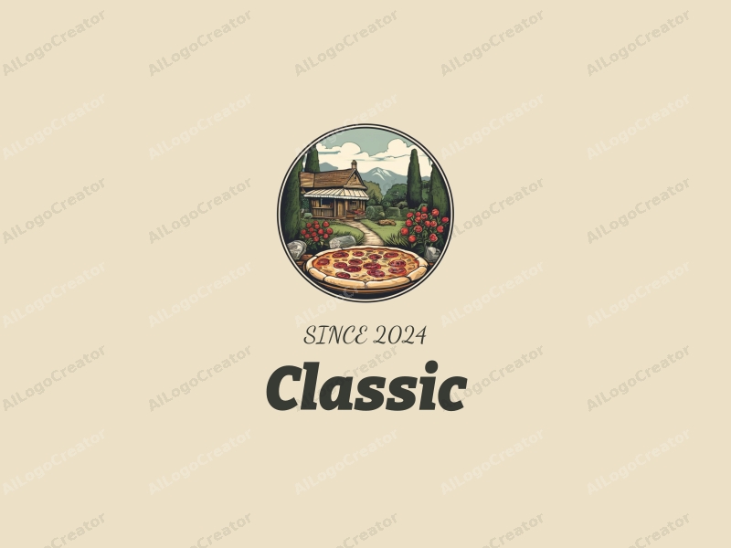 vintage design features classic and traditional motifs, a stylized garden scene with pizza elements, combined with a clean background and harmonious composition.