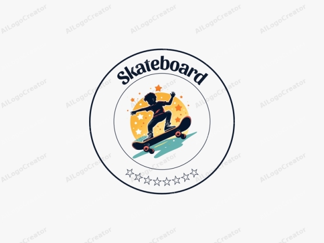 ein spaßiges Design zeigt eine lebhafte Skateboard-Silhouette mit dynamischen Sternenelementen, kombiniert mit einem sauberen Hintergrund für ein lustiges und energetisches Gefühl.