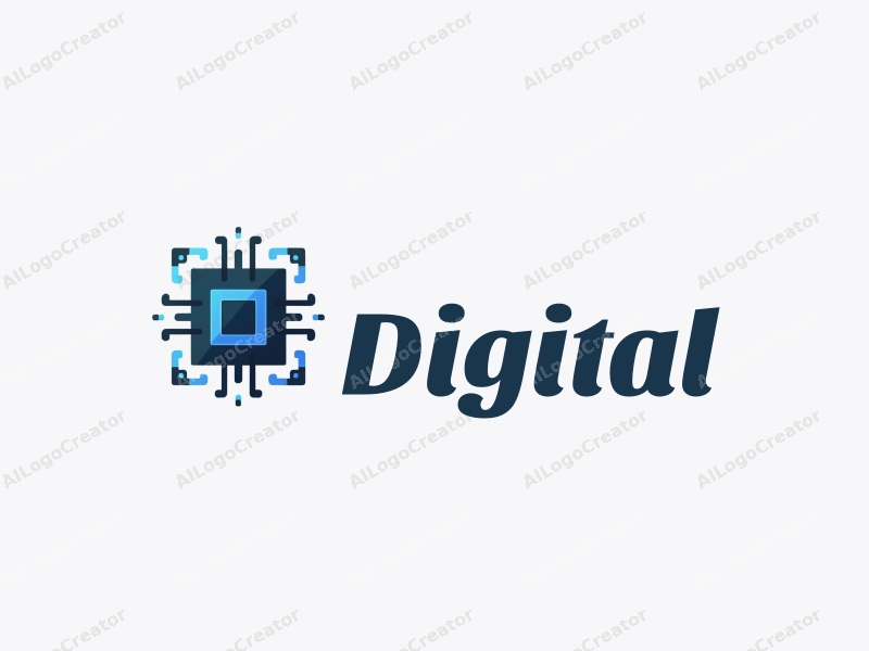 a modern minimalist design featuring digital elements like stylized chips and circuit patterns, combined with a clean background in blue and black colors.