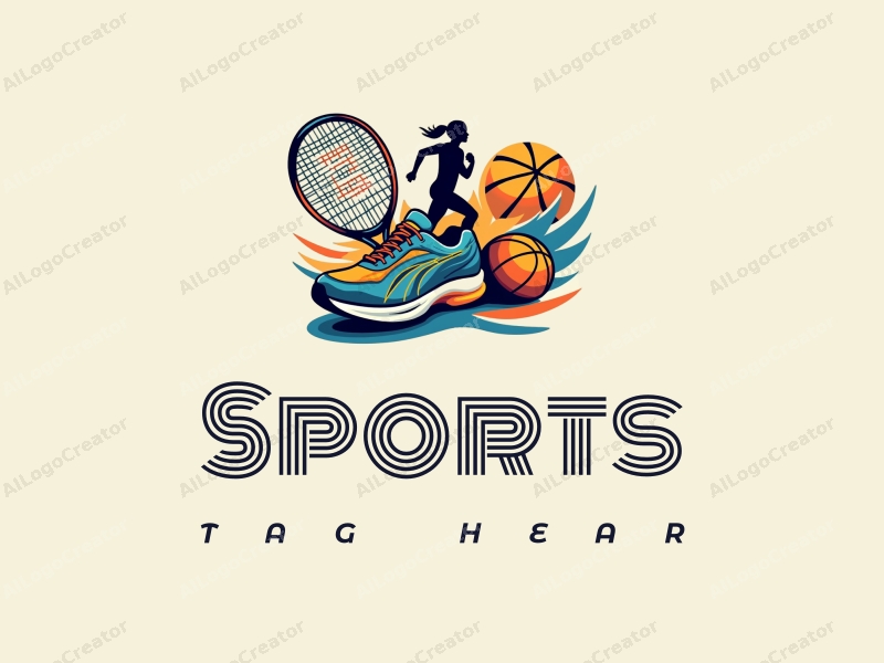 vibrant design features dynamic running shoes, a stylized tennis racket, a silhouette of a runner in motion, and a basketball, combined with a clean background.