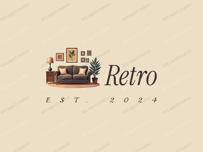 vintage design features a retro sofa, a retro poster, wooden furniture, and classic patterns combined with a clean background.