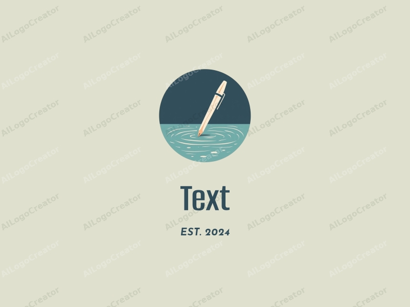 modern design features stylized text and font, a sleek pen floating on a calm water surface, combined with a clean background.