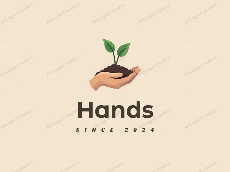 a modern design featuring a hand holding soil with a plant emerging, using skin tone colors, combined with a clean and simple background.