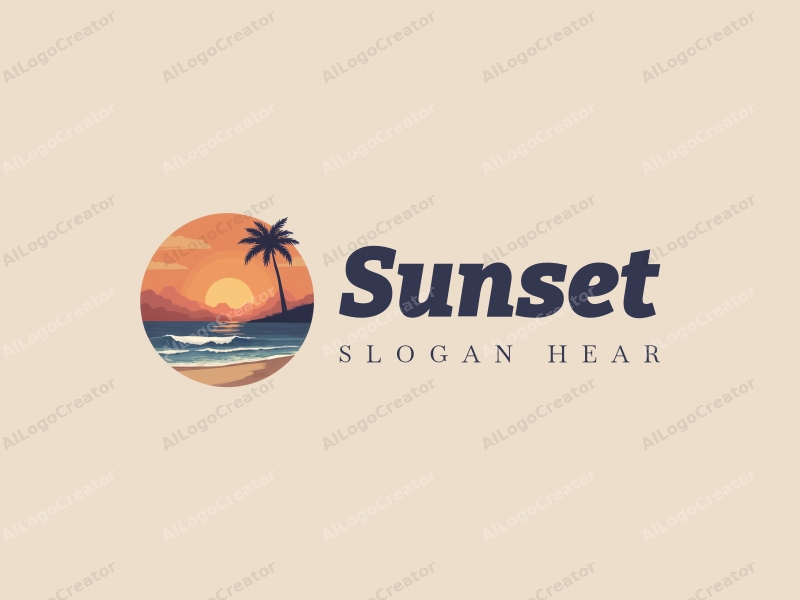 vintage design features a stylized sunset over a beach with ocean waves, incorporating warm orange and purple hues, combined with a clean and harmonious background.