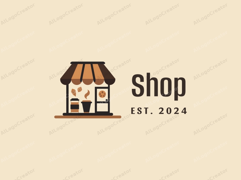 modern design features a stylized shop and store silhouette, integrated with a container and coffee cup, using a clean background and a harmonious composition.