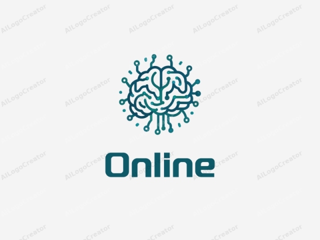 青と緑の色を使用し、クリーンな背景と組み合わせた、相互接続されたネットワークラインを特徴とし、回路パターンと統合されたスタイライズされた人間の脳を備えたモダンなデザイン。