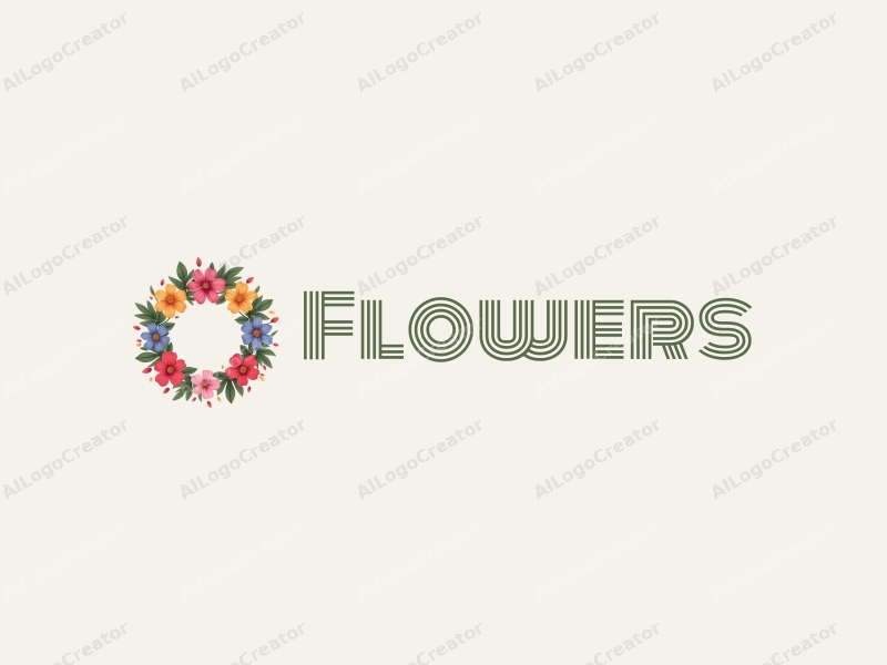 playful design features vibrant flowers and petals arranged in a circular wreath, surrounded by lush green leaves, combined with a clean background.