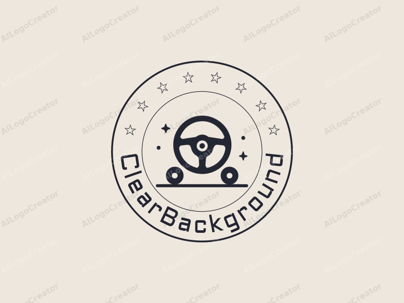 minimalist design features a stylized steering wheel and wheels, combined with abstract symbols, set against a clean and transparent background.