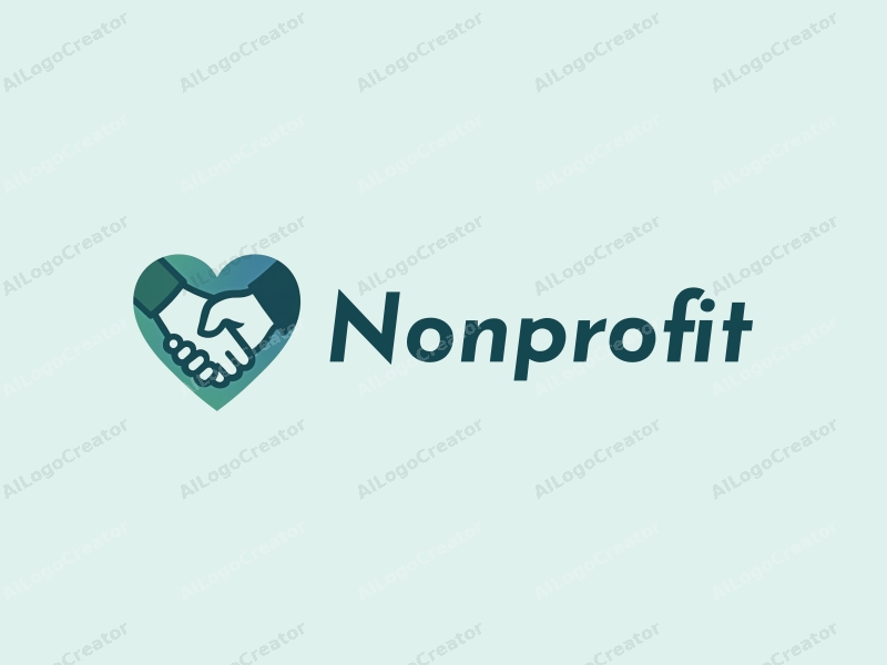 modern design features a stylized heart and handshake symbolizing charity and volunteerism, combined with a clean background in blue and green tones.