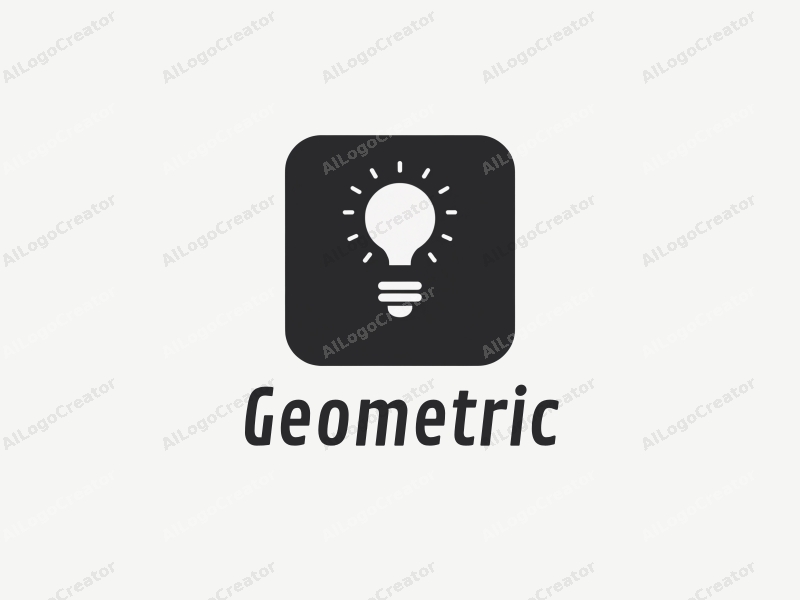 geometric design features a combination of squares and circles, incorporating a stylized light bulb and switch, with a clean black and white color scheme.