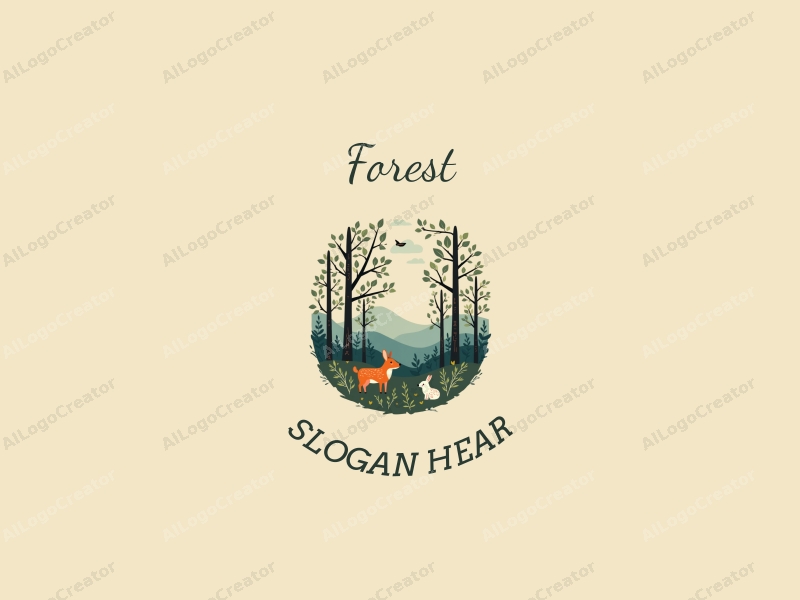 vintage design features a serene forest landscape with stylized trees, delicate leaves, and small animals integrated harmoniously, combined with a clean background.